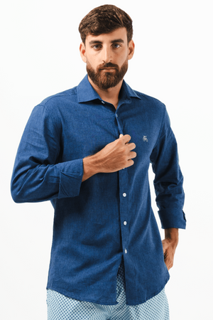 Camisa Lino Azul Marino Button Up