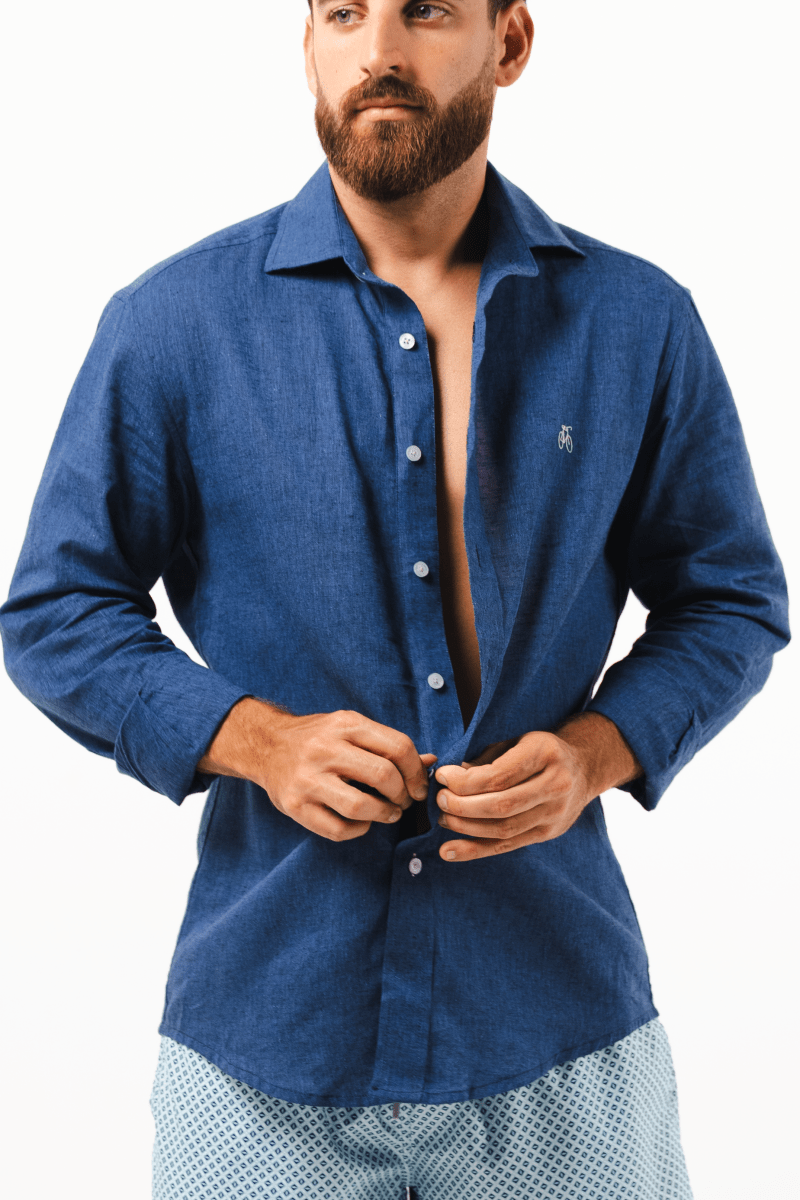 Camisa Lino Azul Marino Button Up