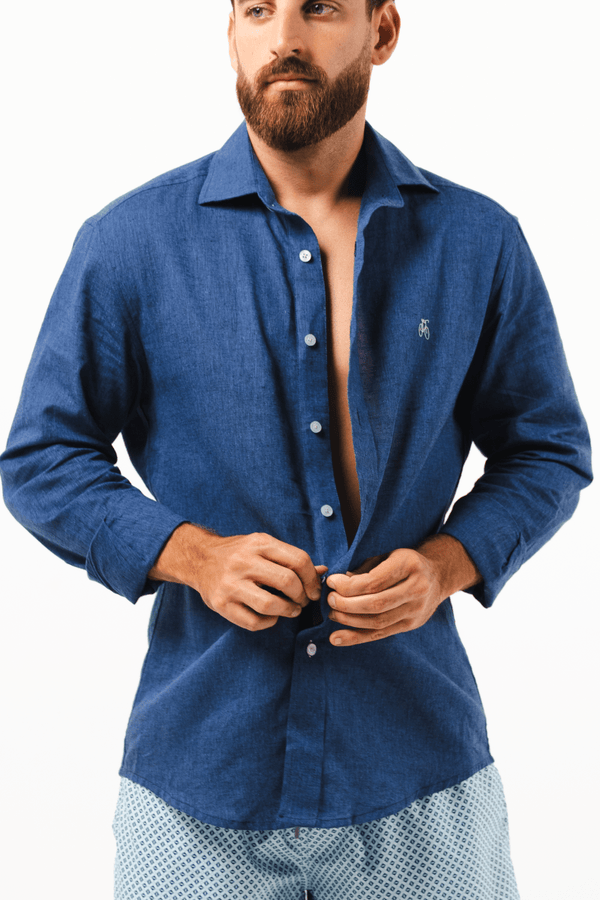 Camisa Lino Azul Marino Button Up