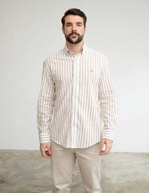 Camisa Lino Rayas Beige Manga Larga