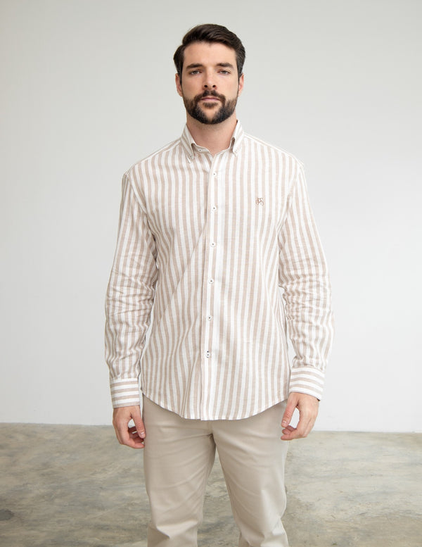 Camisa Lino Rayas Beige Manga Larga