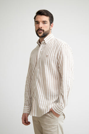 Camisa Lino Rayas Beige Manga Larga
