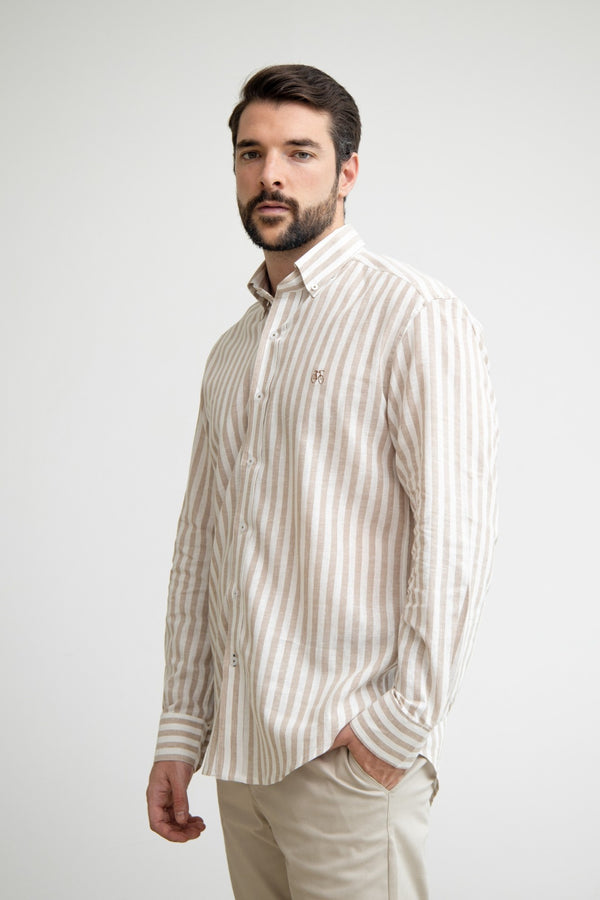 Camisa Lino Rayas Beige Manga Larga