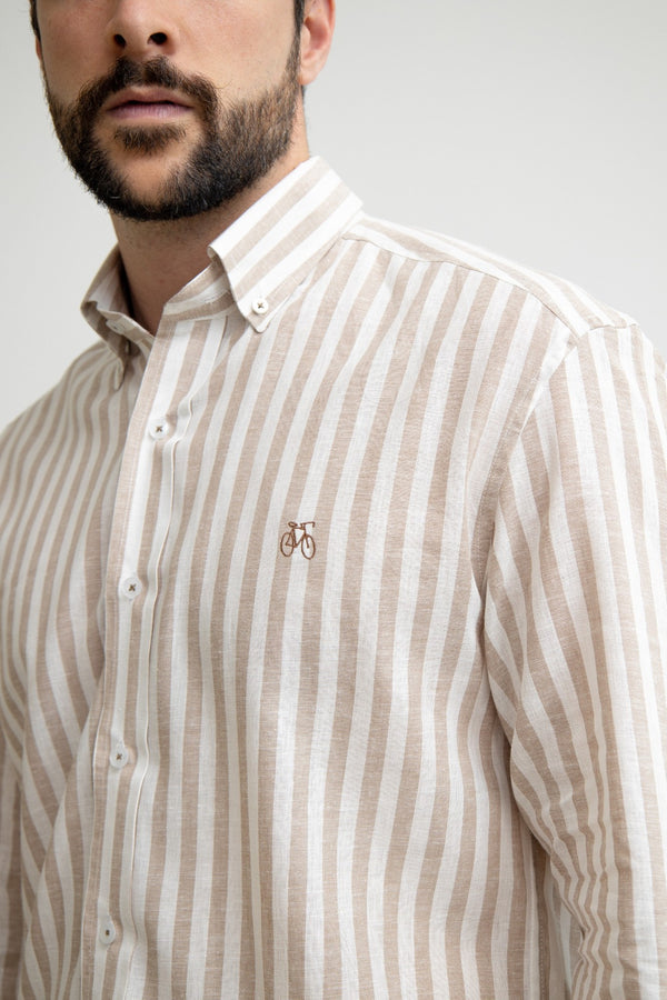 Camisa Lino Rayas Beige Manga Larga