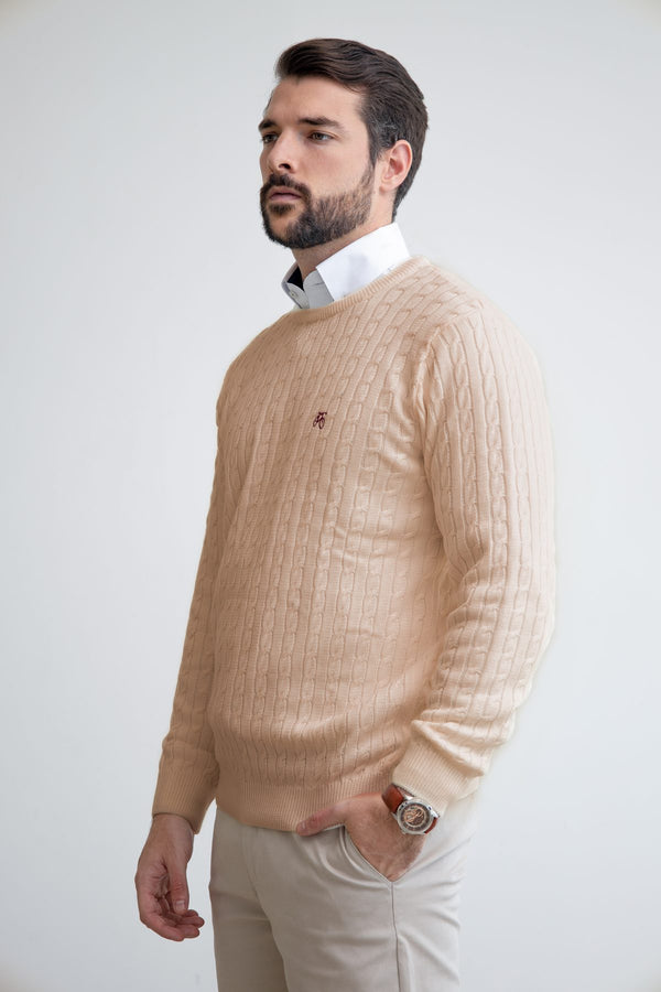 Suéter Beige Trenzado Cuello Redondo