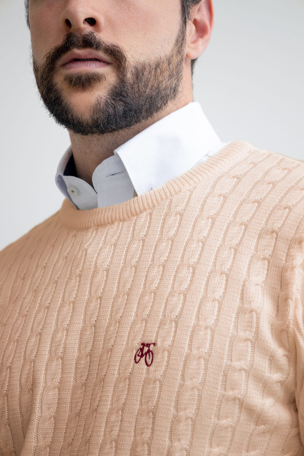 Suéter Beige Trenzado Cuello Redondo
