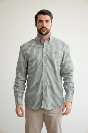 Camisa Lino Verde Olivo Rayado