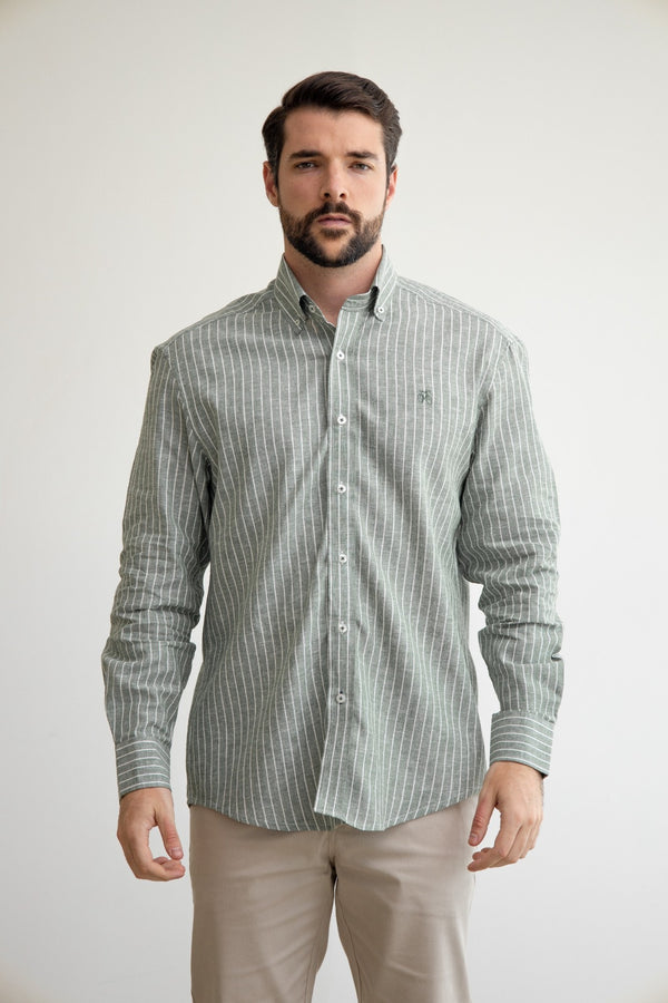 Camisa Lino Verde Olivo Rayado