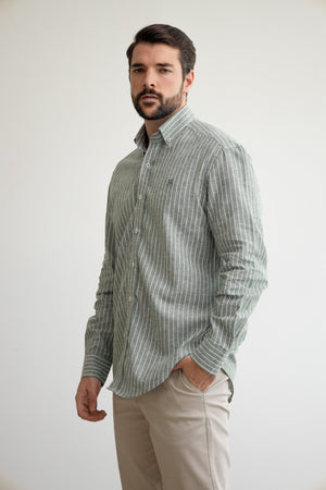 Camisa Lino Verde Olivo Rayado