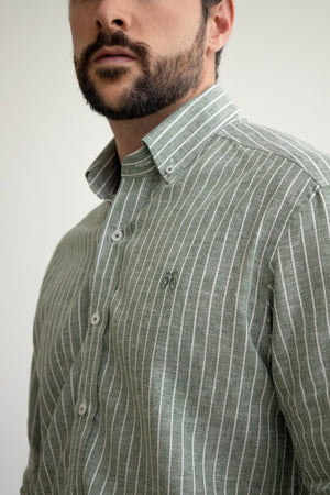 Camisa Lino Verde Olivo Rayado