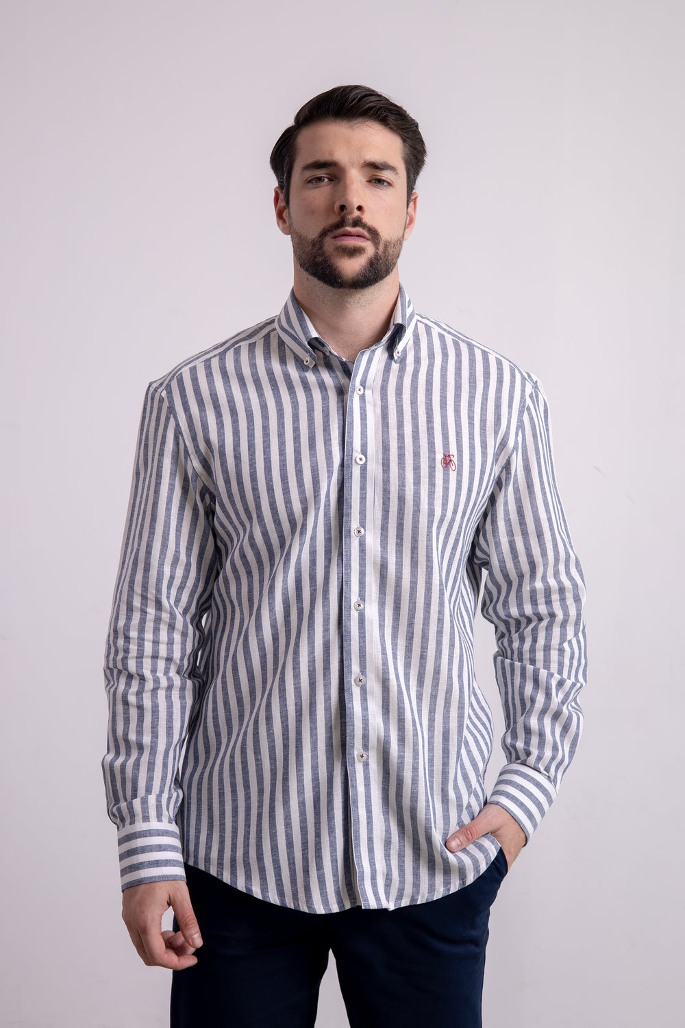 Camisa Lino Rayas Navy Manga Larga