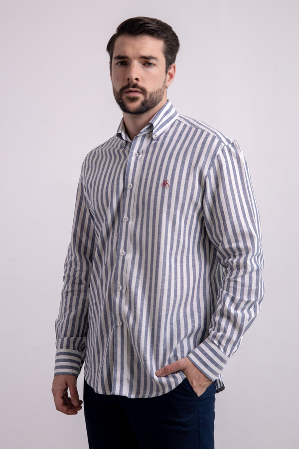 Camisa Lino Rayas Navy Manga Larga