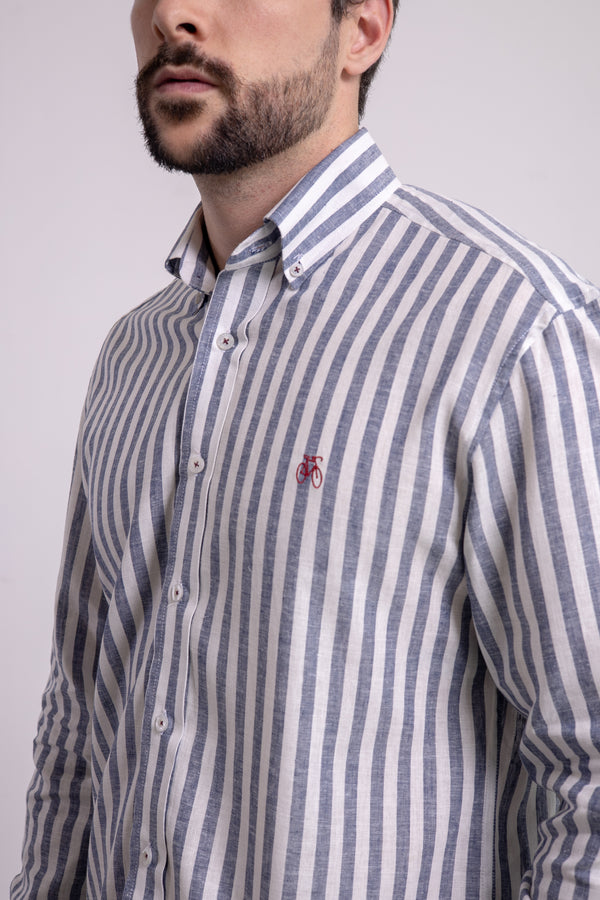 Camisa Lino Rayas Navy Manga Larga