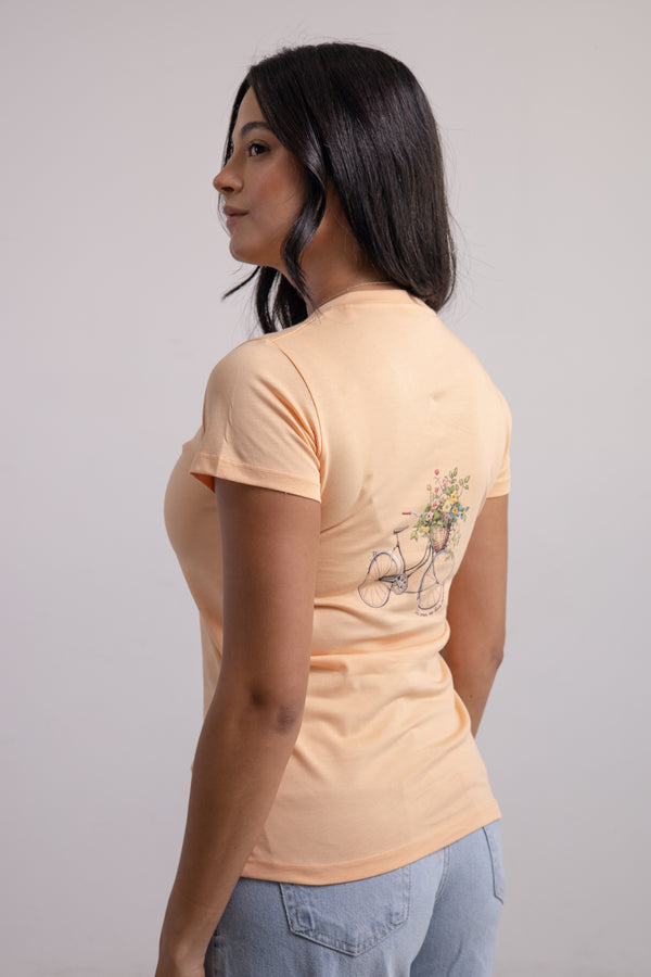 Franela Dama Cuello V Naranja Estampada