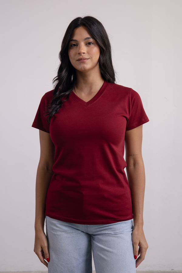Franela Dama Cuello V Vinotinto Estampada