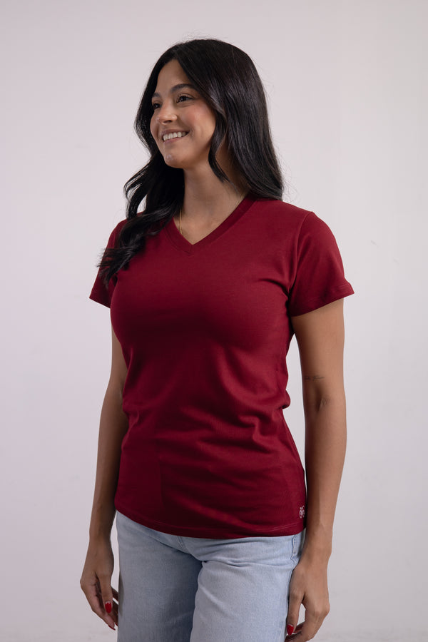 Franela Dama Cuello V Vinotinto Estampada