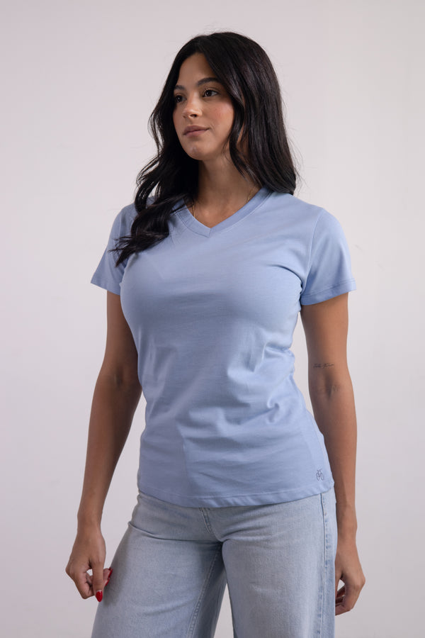 Franela Dama Cuello V Azul Cielo Estampada