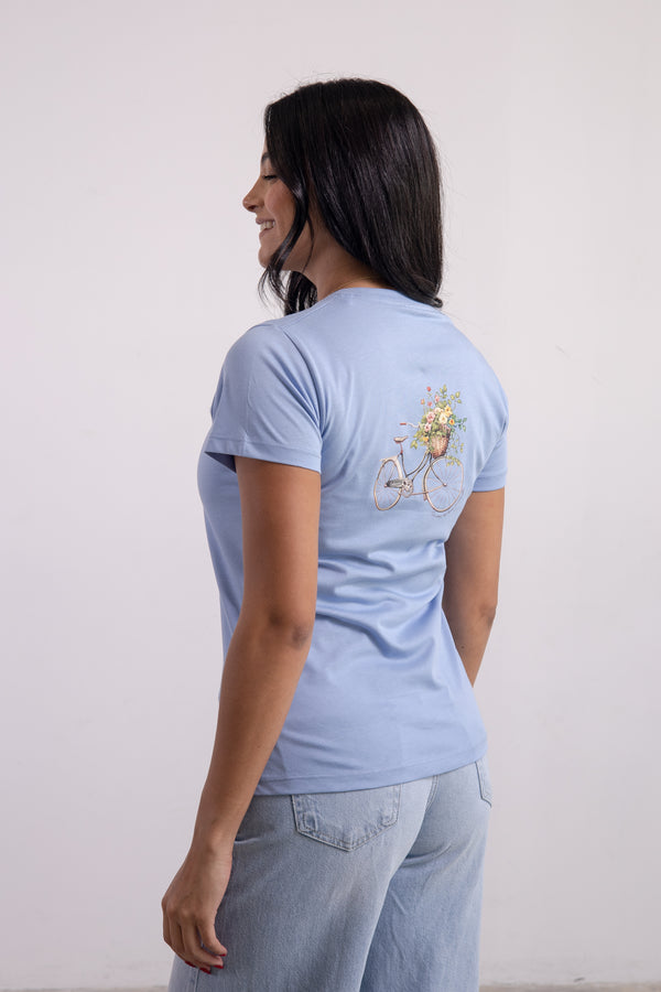 Franela Dama Cuello V Azul Cielo Estampada
