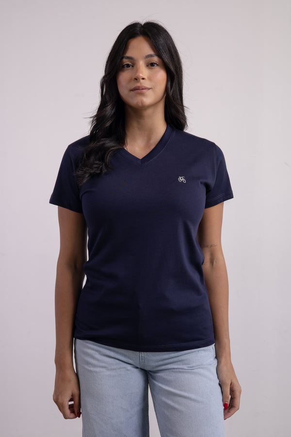Franela Dama Cuello V Azul Marino Estampada