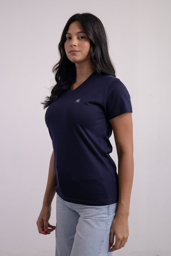 Franela Dama Cuello V Azul Marino Estampada