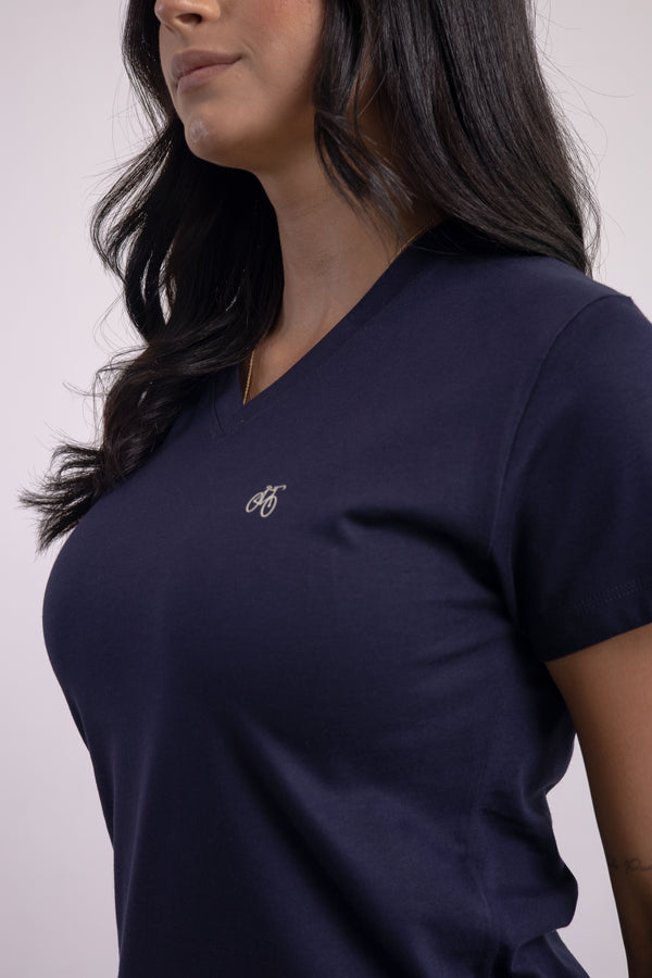 Franela Dama Cuello V Azul Marino Estampada