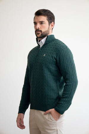 Suéter de cierre verde trenzado