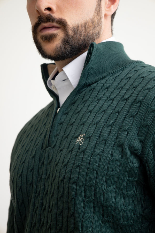 Suéter de cierre verde trenzado