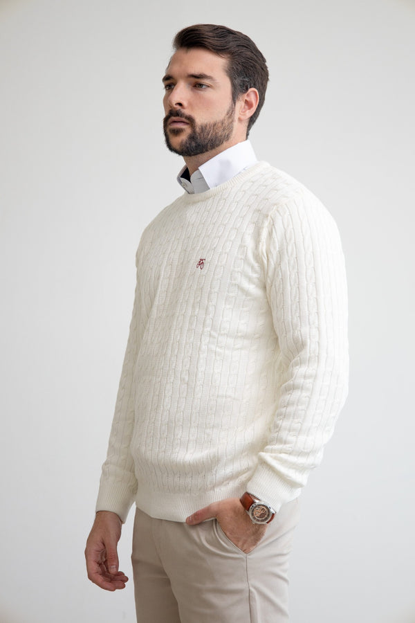 Suéter Blanco Trenzado Cuello Redondo